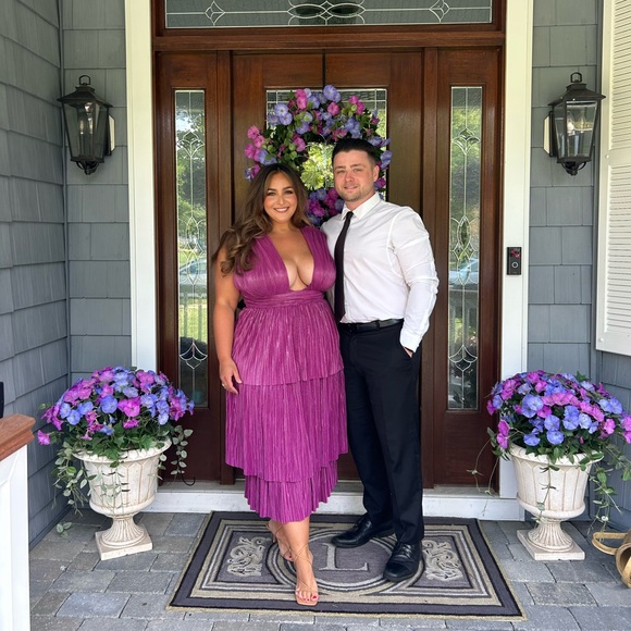 Sabina Musayev Judith Metallic Plunge Neck Pleated Layered Gown Purple Size XL - Picture 2 of 16